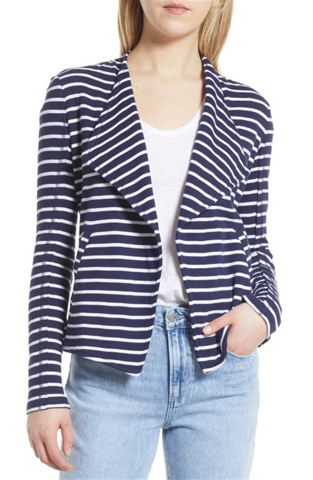 Caslon Women's Navy-White Josephine Stripe Drape Collar Knit Blazer Size Small
