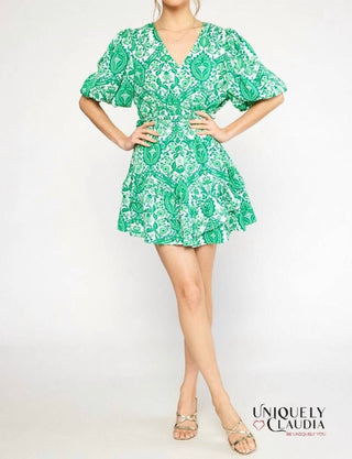Entro - Francesca Green Ornate Print Puff Sleeves Ruffle Dress