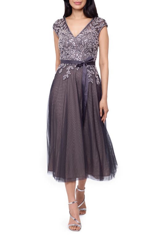 Xscape Beaded Fit & Flare Cocktail Dress in Grey/Blush, Size 16