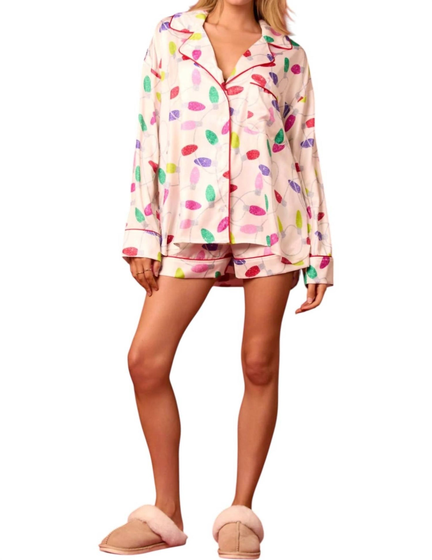 Peach Love - Satin Christmas Lights Prints Pajama Set