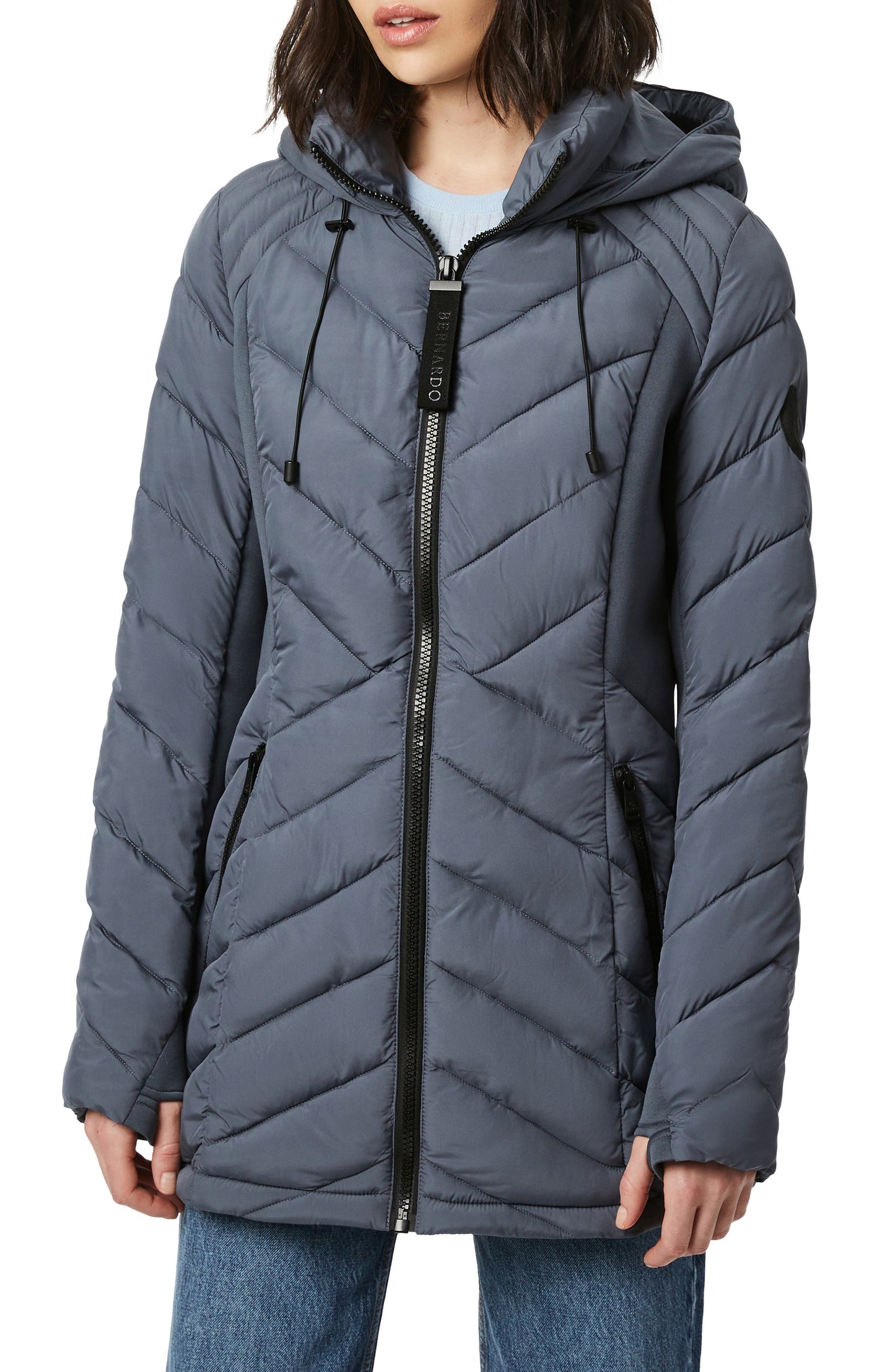 Bernardo Quilted Neoprene Hooded Puffer Coat in Petrol Blue  Size Small
