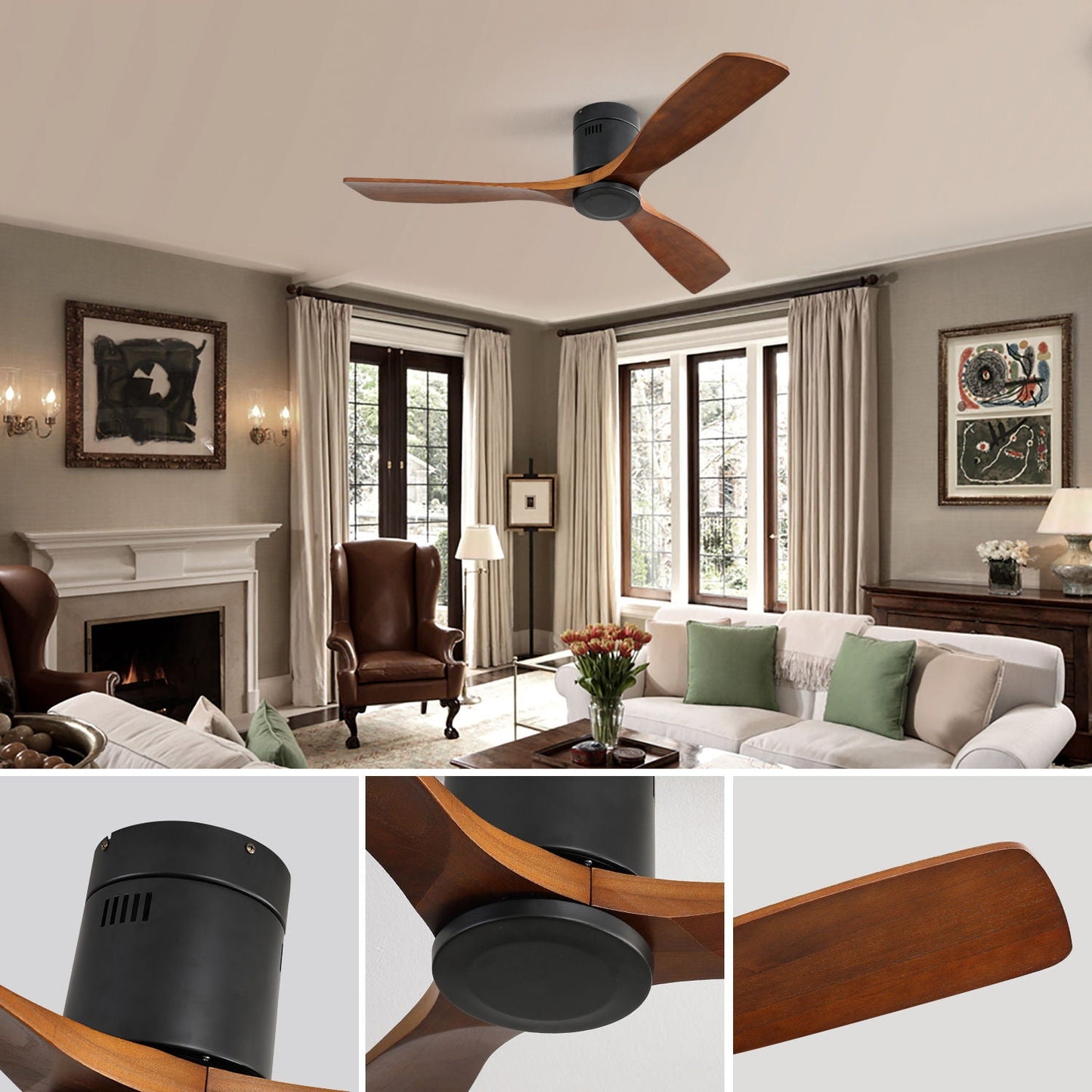 Ceiling Fan With 3 Solid Blades, Remote Controlled Reversible DC Motor - Black