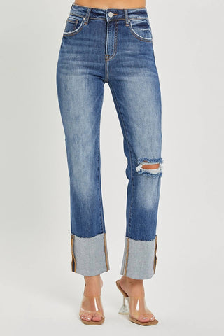 Risen - High Rise Ankle Straight Wide Cuffed Jeans