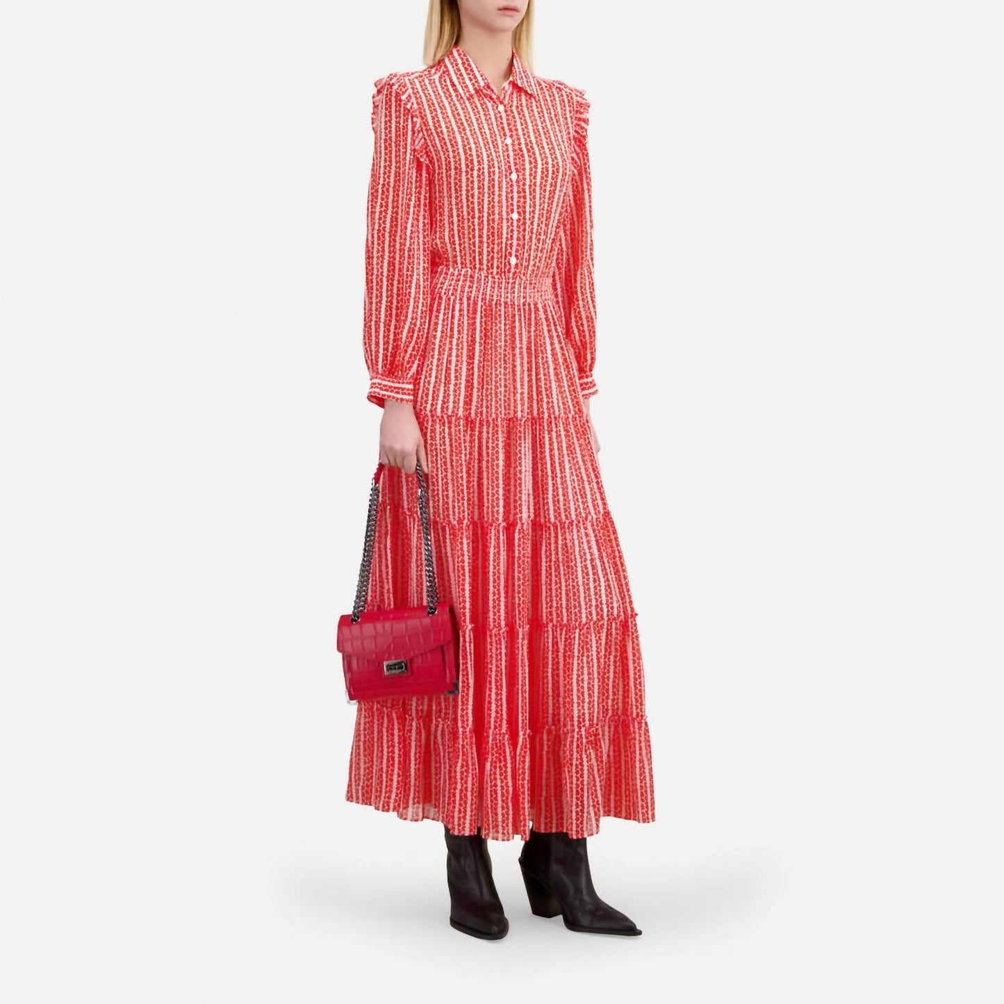The Kooples - Floral Stripe Tiered Maxi Collared Shirt Dress