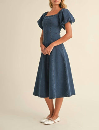 Klesis - Denim Puff Sleeve A-Line Midi Dress