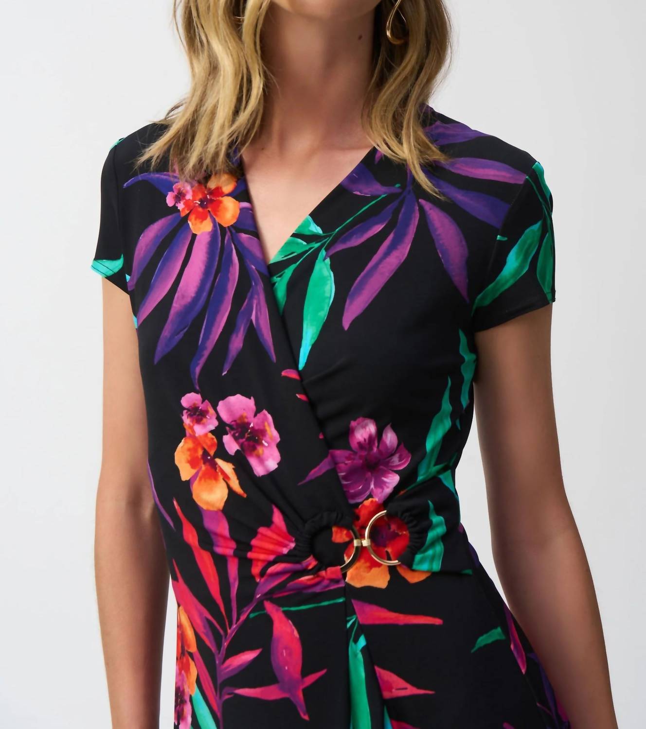 Joseph Ribkoff - Tropical Print Faux Wrap Midi Dress