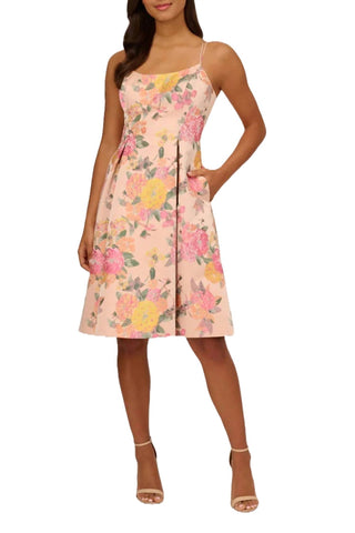 Adrianna Papell - Spaghetti Strap Box Pleat Floral Jacquard Dress