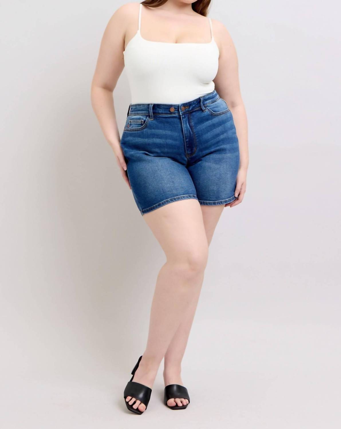 Judy Blue - High Rise Two Button Mid Length Dad Denim Short
