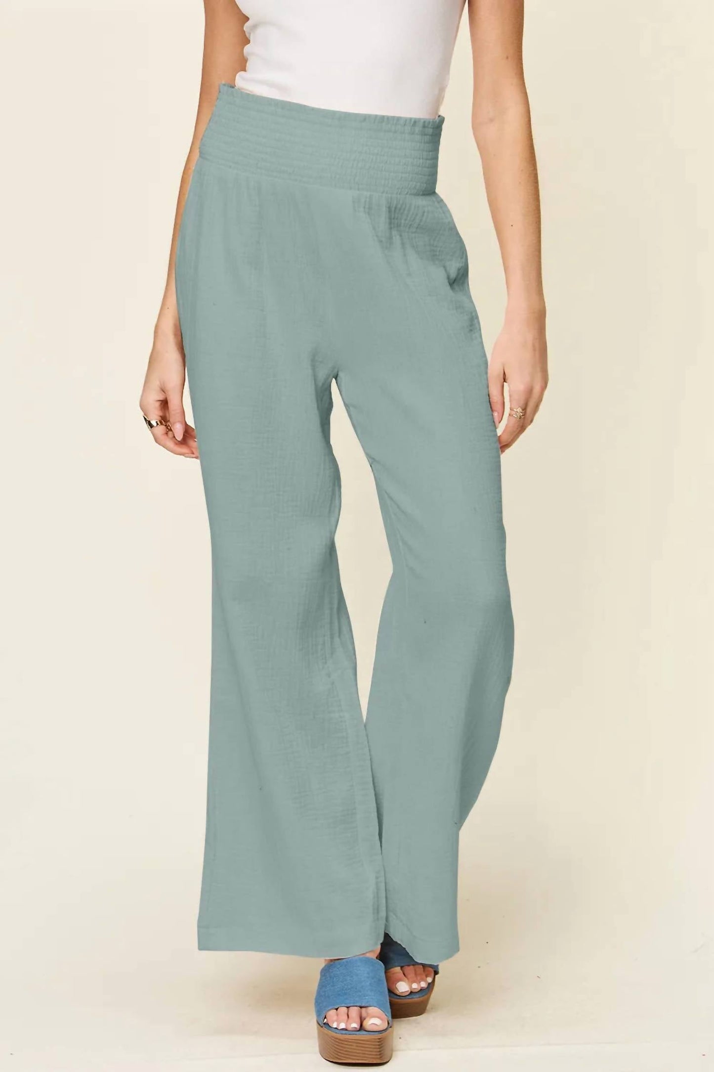 Double Take - Women's Full Size Texture Smocked Waist Wide Leg Pants