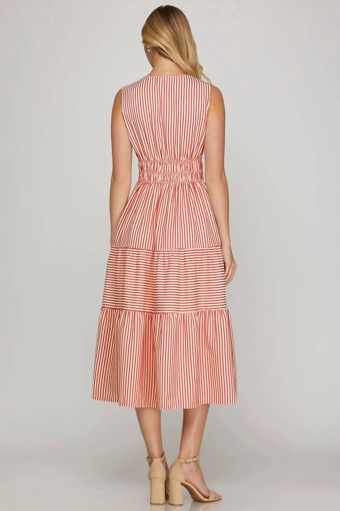 She + Sky - Striped Split Neck Sleeveless Midi Dress
