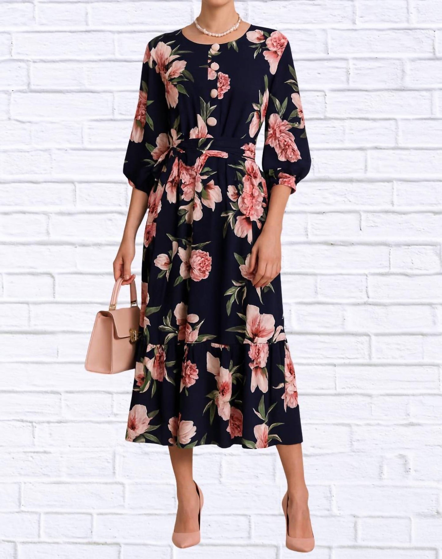 Diva Usa - Floral Midi Dress With Belt And Side Pockets