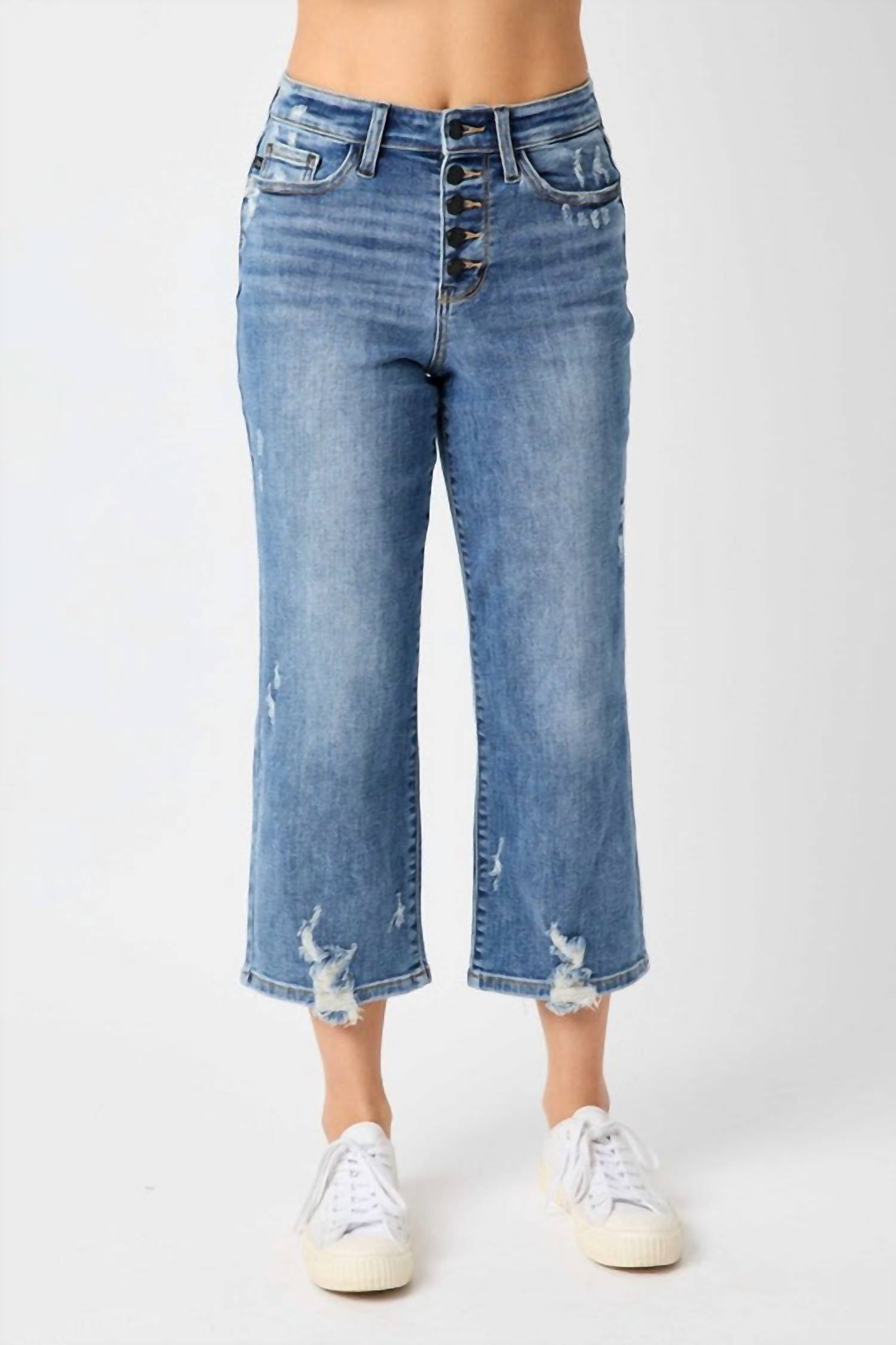 Judy Blue - High Waist Destroy Button Fly Wide Leg Crop Jeans