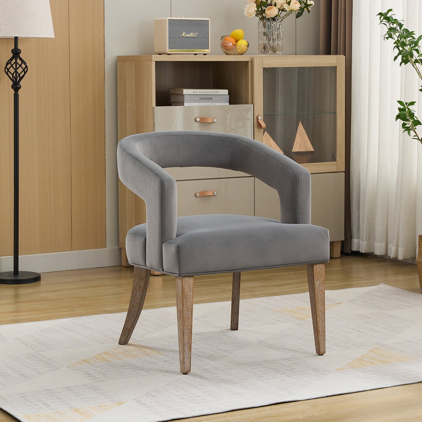 Modern Barrel Open Back Upholstered Accent Chair with Weathered Wood Legs