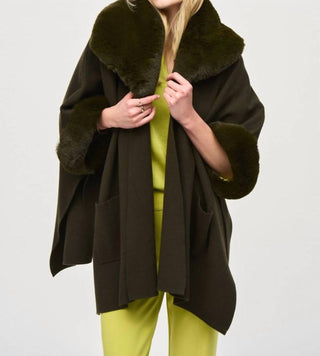 Joseph Ribkoff - Faux Fur Trim Oversized Three Quarter Sleeve Cape