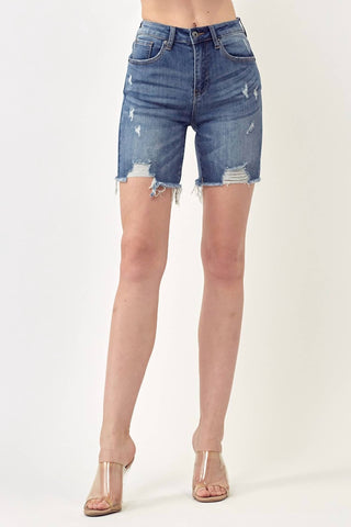 Risen - Distressed High Rise Thigh Shorts - Plus