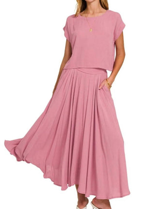 Zenana - Woven Crinkle Gauze Crop Tee And Skirt Set