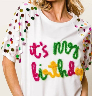 Trendsi - BiBi Metallic Letter Spangle Raglan Puff Sleeve Top