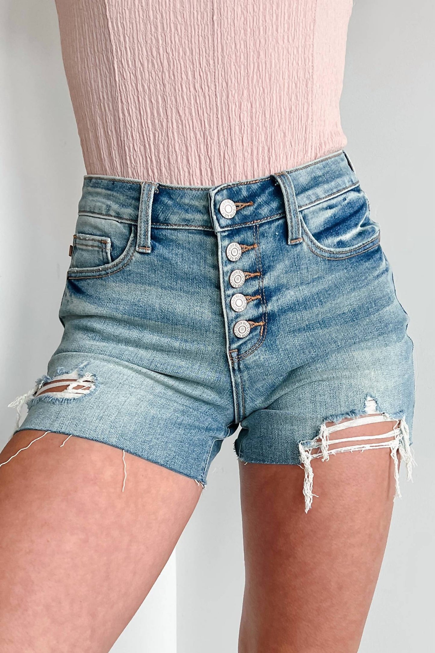 Judy Blue - Mid Rise Button Fly Distressed Shorts