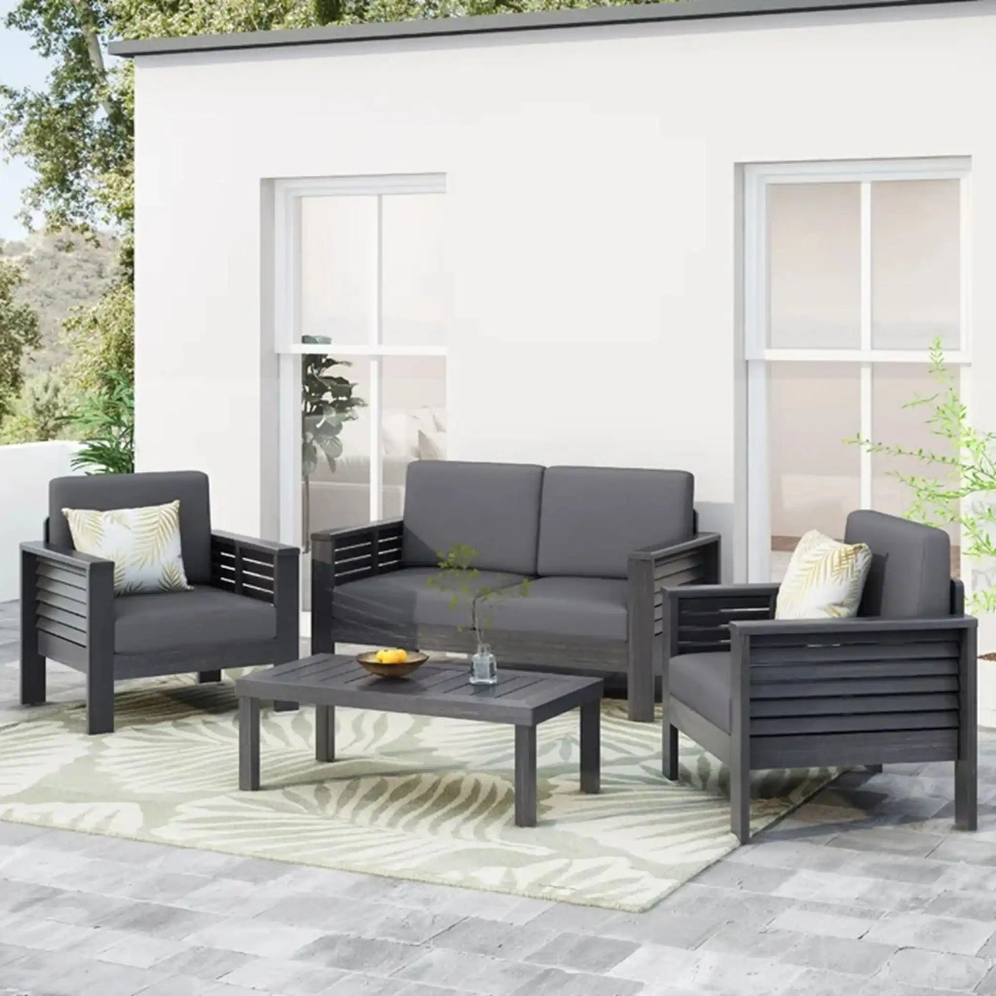 Acacia Wood Loveseat and Coffee Table Set with Cushions
