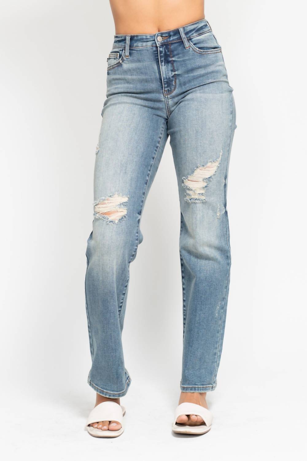 Judy Blue - High Waist Dad Straight With Harsh Tint & Destroyed
