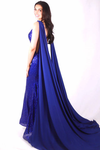 Ava Presley - Fitted Sequin Evening Gown With Cascading Sash