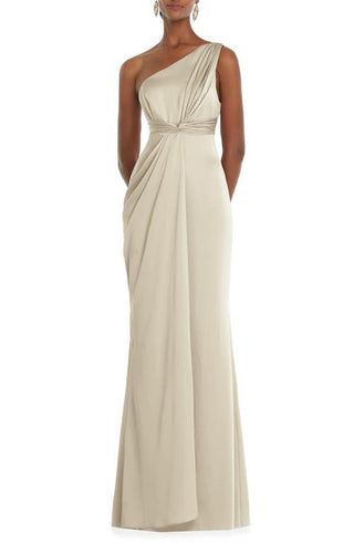 Dessy Collection One-Shoulder Satin Gown in Champagne, Size 10