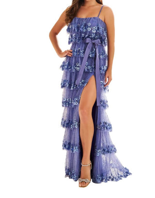 Ellie Wilde - Embroidered Tulle Tiered Ruffles Prom Dress