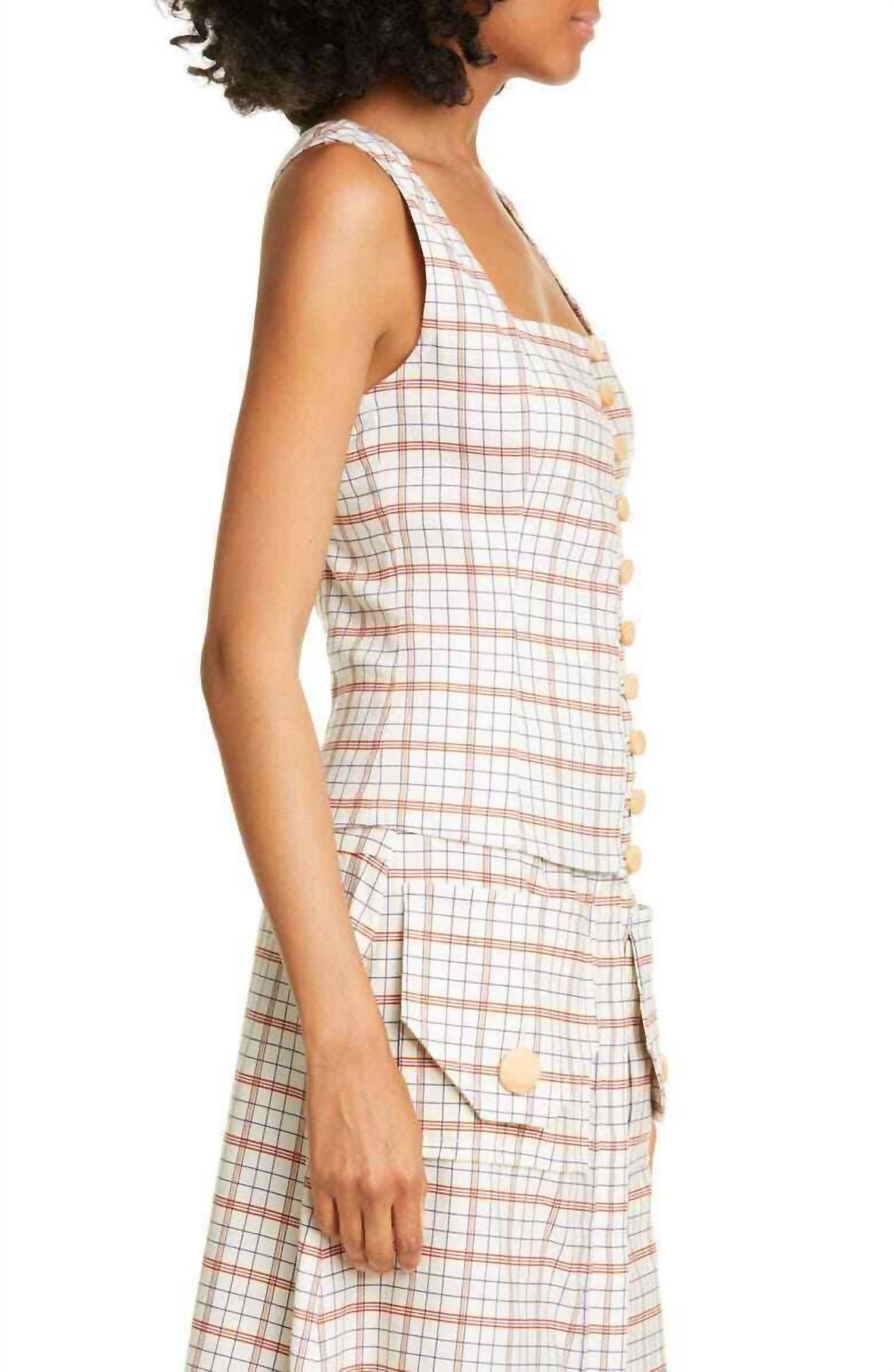 Nicholas - Square Neck Button Front Pinafore Plaid Tank Top