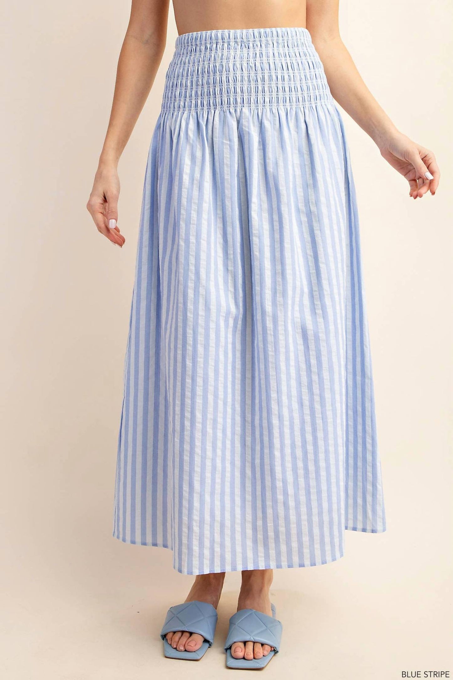 Kori - Rayon Striped Lined Midi Skirt a/ Smocked Waist