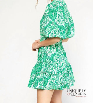 Entro - Francesca Green Ornate Print Puff Sleeves Ruffle Dress