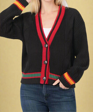 Zenana - Contrast Trim Cable Knit Cardigan