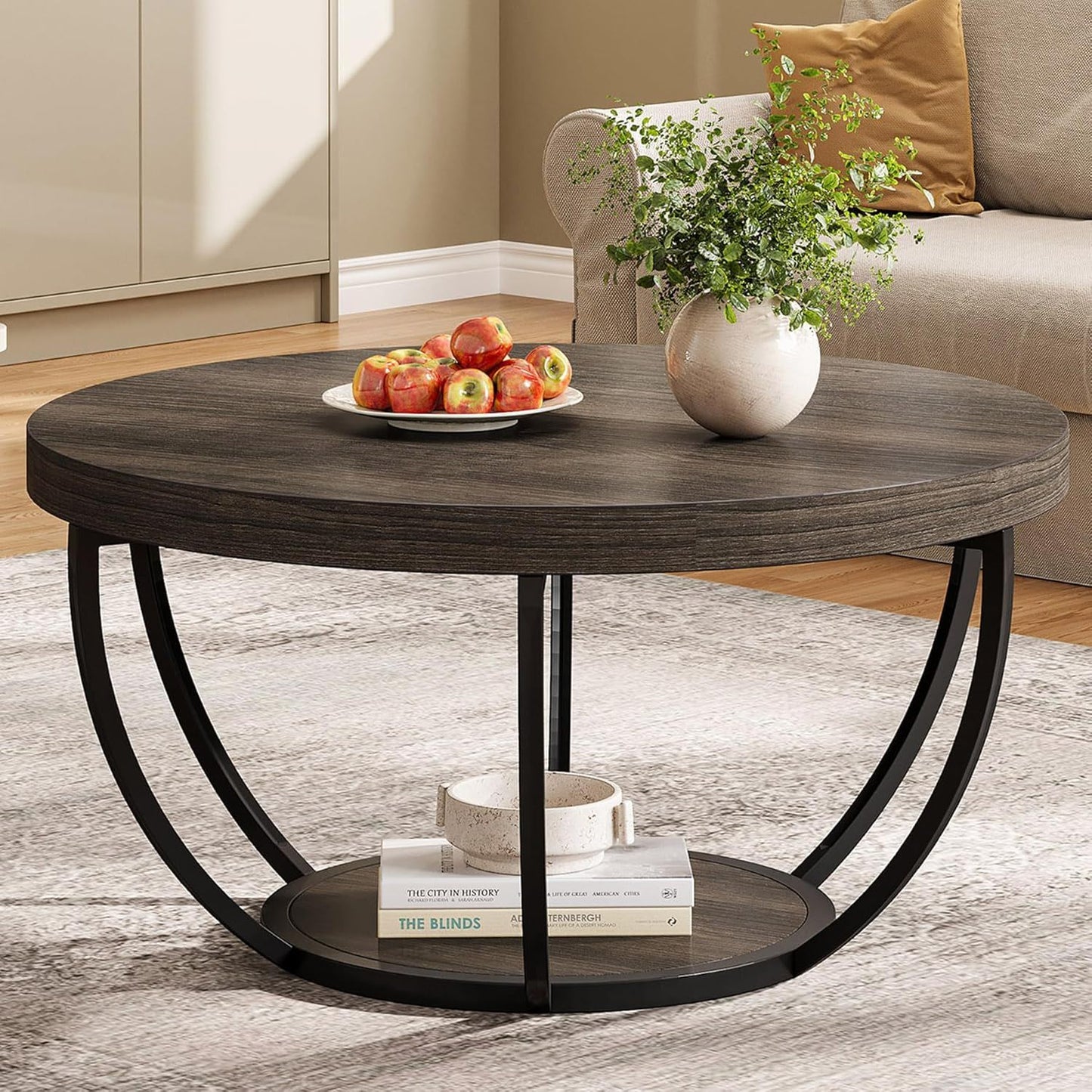 2 Tier Circle Coffee Table With Storage Shelves