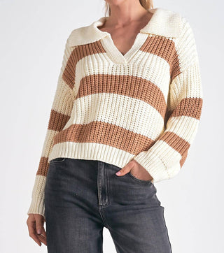 Elan - Striped V-neck Collared Sweater