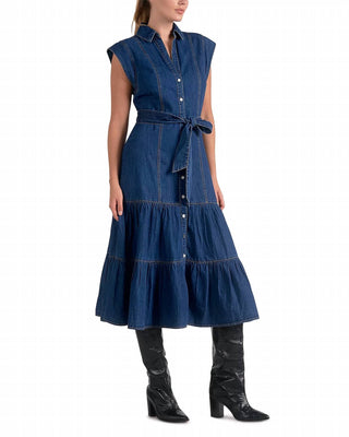 Elan - Denim Cap Sleeve Midi Dress