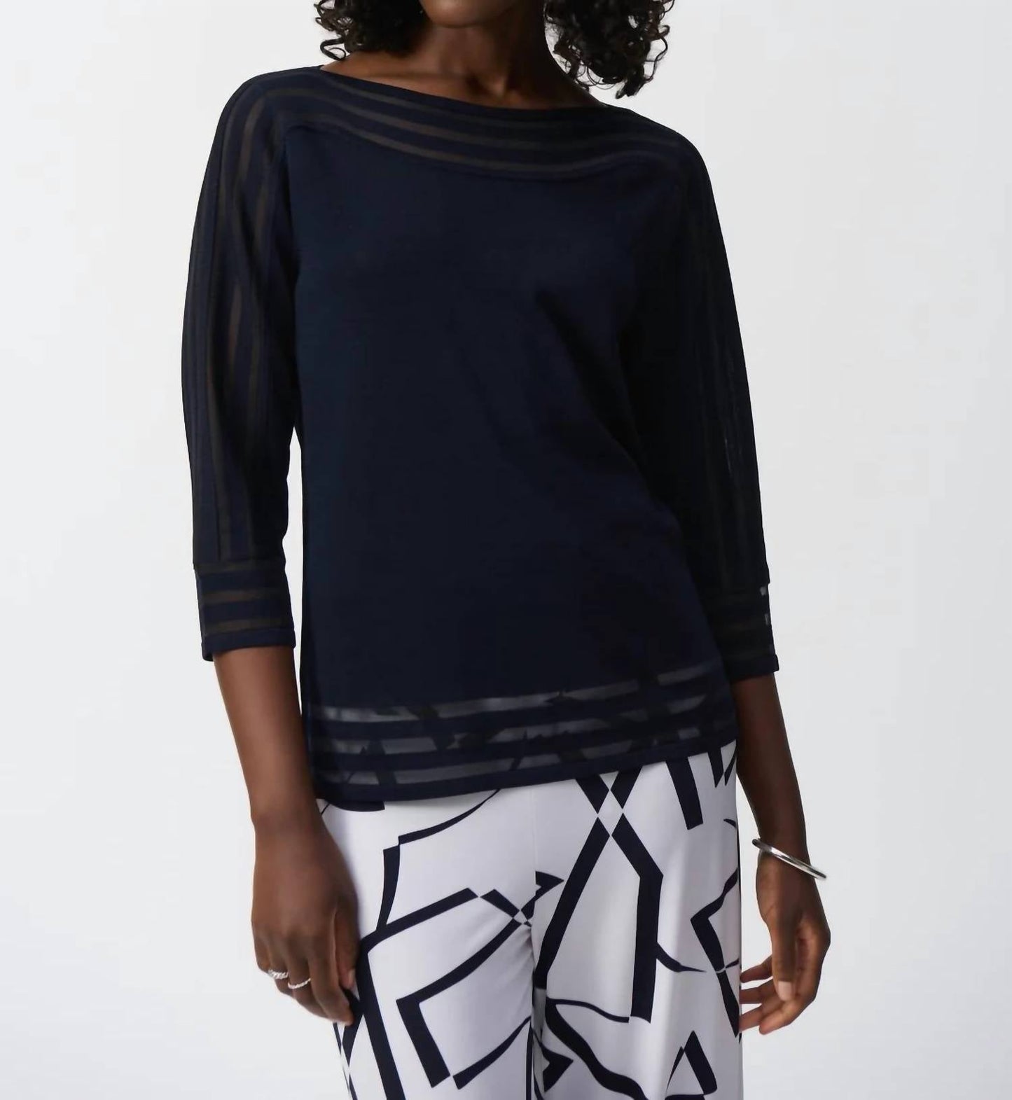 Joseph Ribkoff - Boat Neck Mesh Details Quarter Sleeves Sweater Top