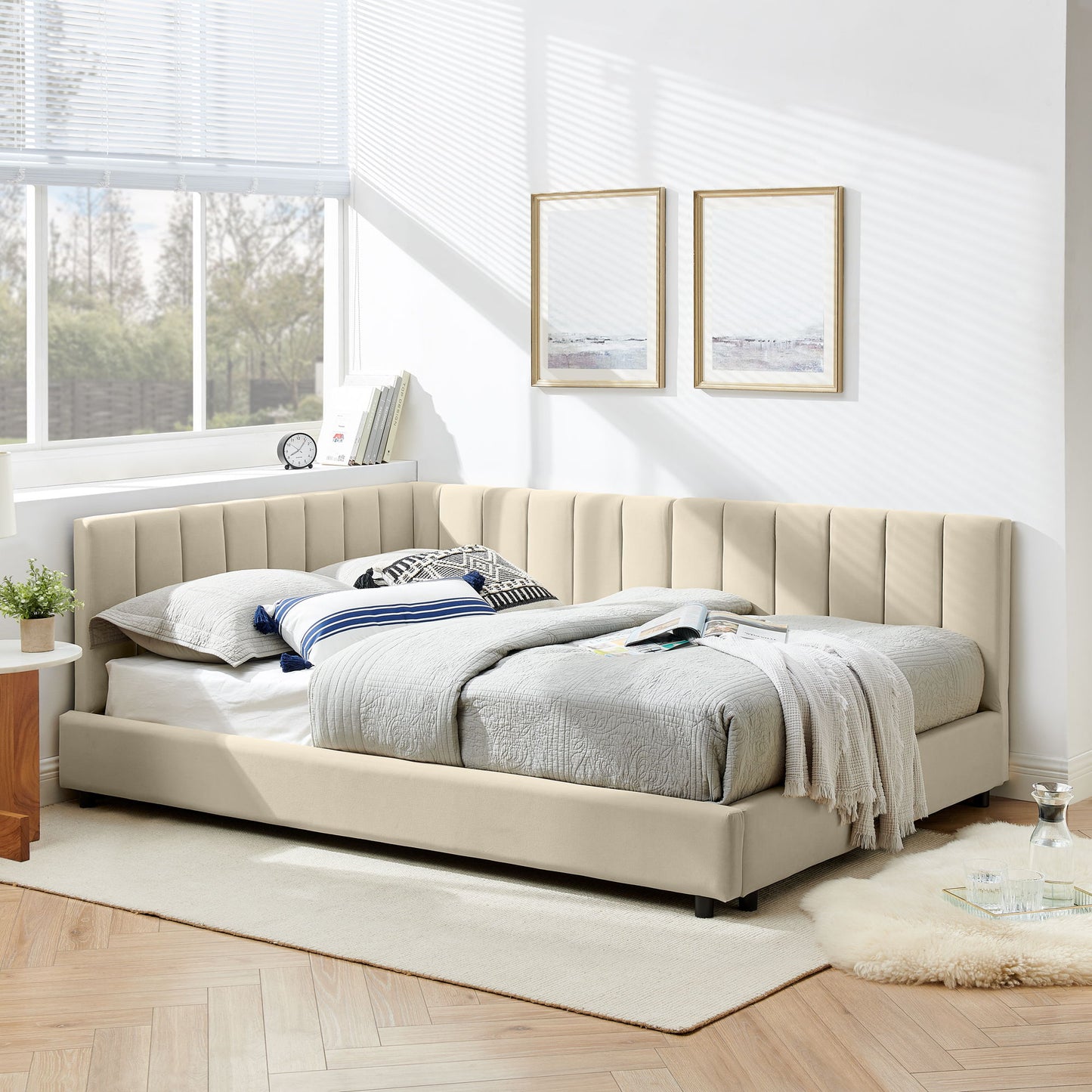 Mid-Century Upholstered Tufted Bed Frame with Backrest and Armrests