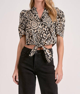 Elan - Short Sleeve Puff Sleeve Tie-front Top