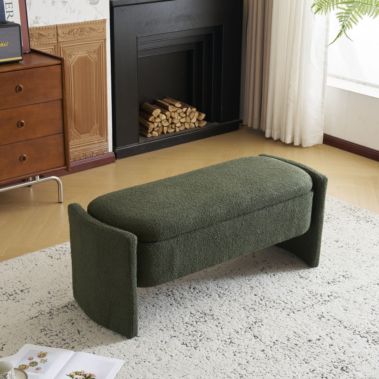 Elegant Long Shaped Storage Ottoman Bench, Boucle Material, Dark Green