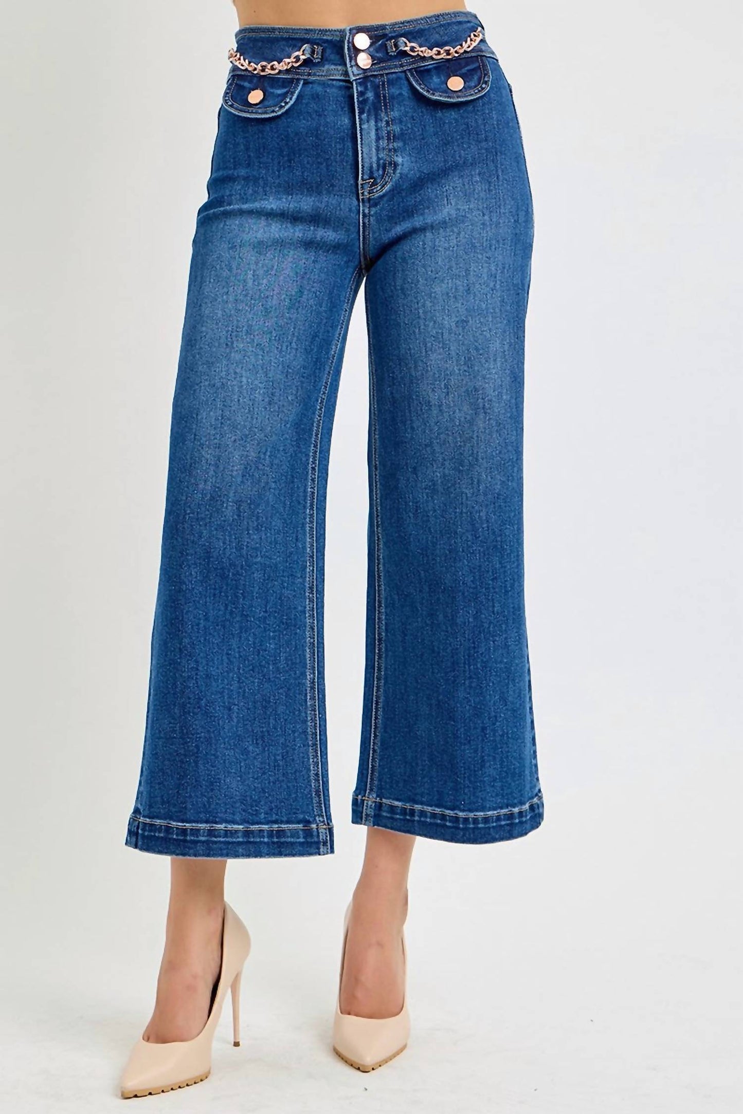 Risen - High Rise Crop Wide Waist Chain Detail Jeans