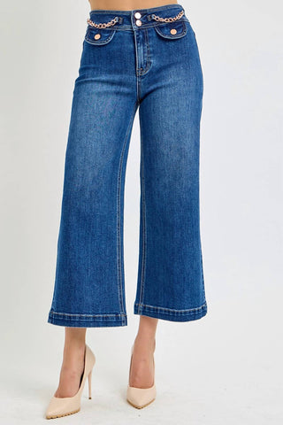 Risen - High Rise Crop Wide Waist Chain Detail Jeans