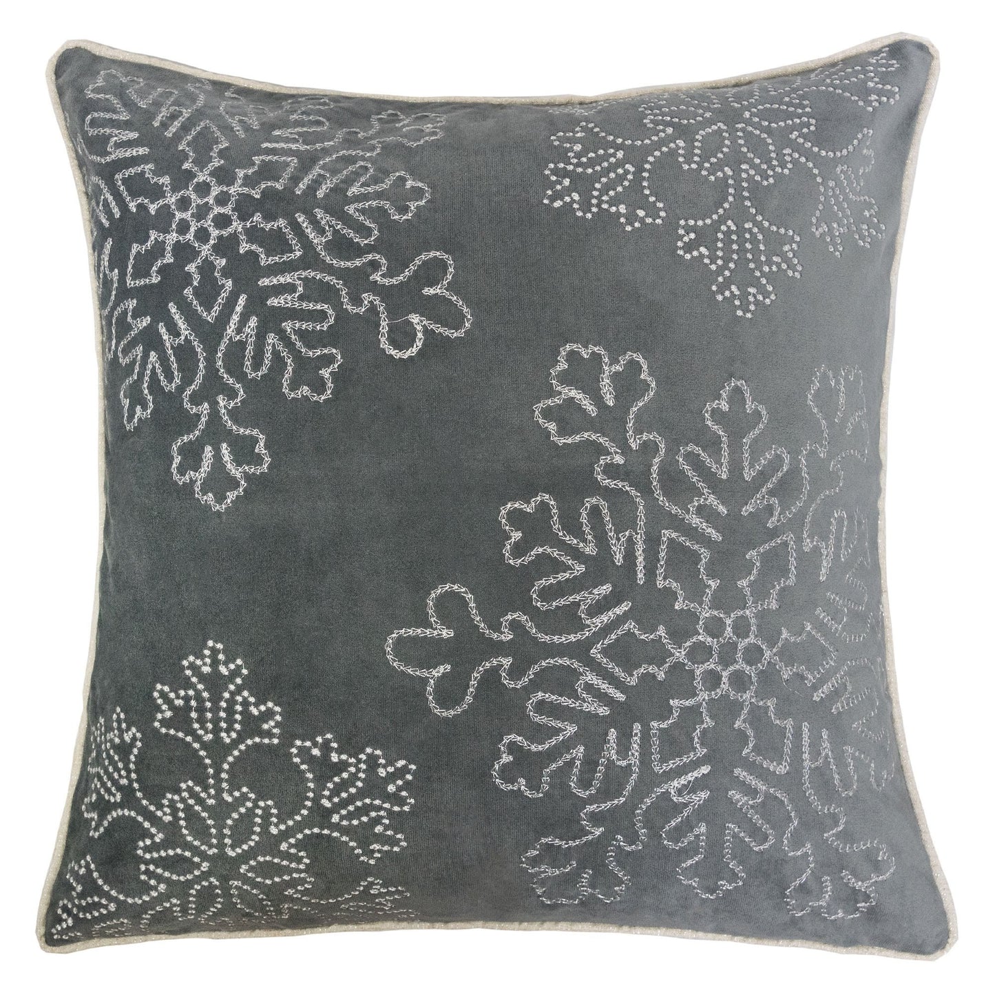 Silver Snowflake Embroidered Velvet Throw Pillow 20x20