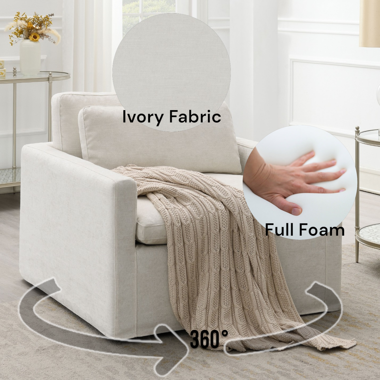 Frederick Ivory Fabric Swivel Chair with Pillow
