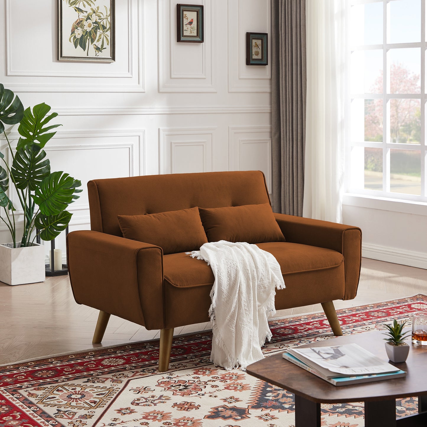 4882 Small Tufted Loveseat Sofa with 2 Pillows and Tapered Wood Legs