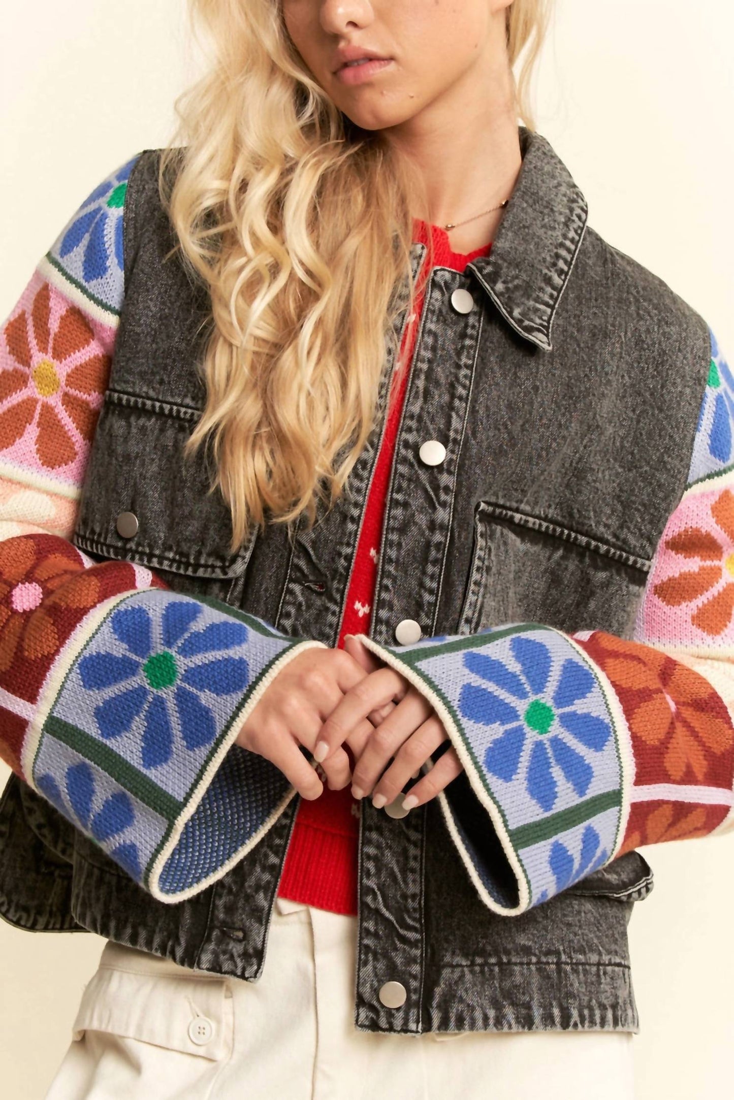 Davi & Dani - Patch Design Knit Sleeve Button Front Denim Jacket