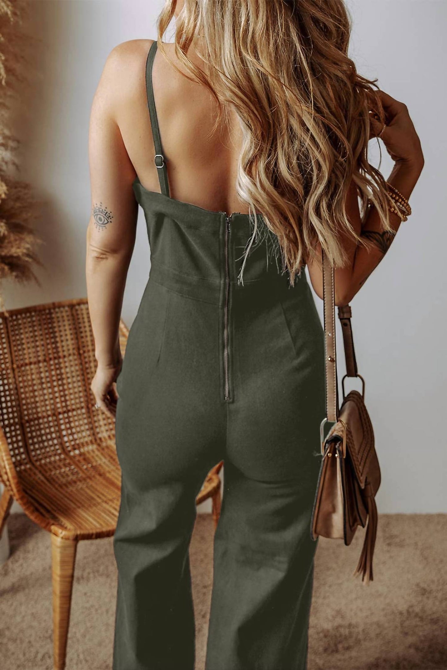 1 The Woman - Seamed Zipper Spaghetti Strap Flared Jumpsuit