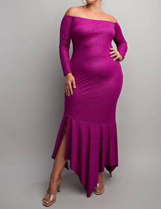 The Curve La - Plus Size Off Shoulder Metallic Knit Dress With Slit