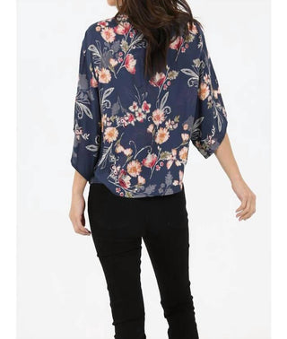 Nostalgia - V Neck Tie Waist Kimono Sleeve Blouse