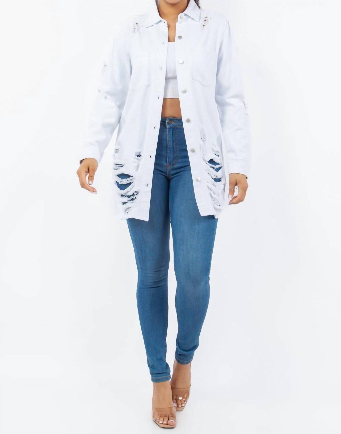 American Bazi - Distressed Button Up Long Sleeve Denim Jacket