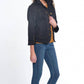 Multiples - Zip Cuff 3/4 Sleeve Open Front Fringed Jean Jacket w/ Grommets
