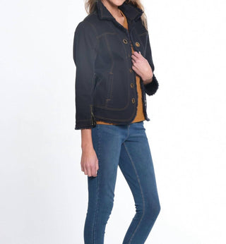 Multiples - Zip Cuff 3/4 Sleeve Open Front Fringed Jean Jacket w/ Grommets